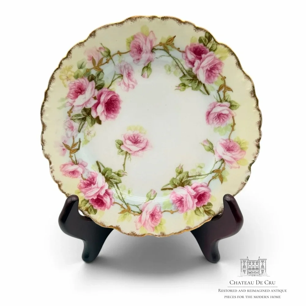Elite Limoges France Gold Trim Pink White Rose Plate